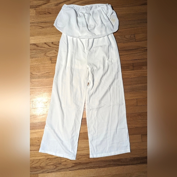 White Casual Off Shoulder Strapless Ruffle Wide Leg Long Pants Jumpsuit Romper - Picture 1 of 11